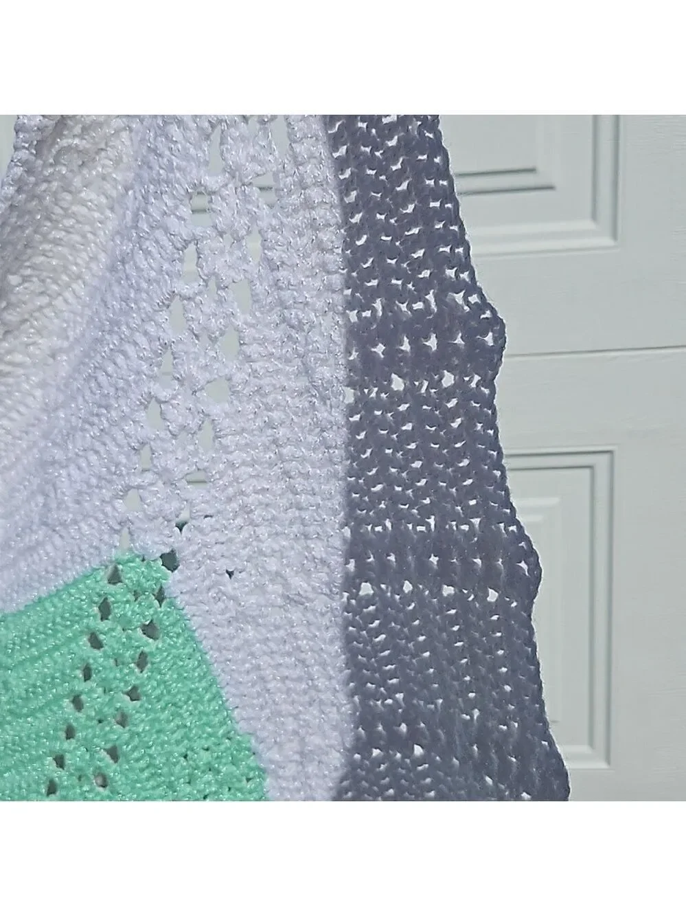 Handmade White Aqua Glitter Crochet Blanket Hand knit Grannycore Home Gifts 34
